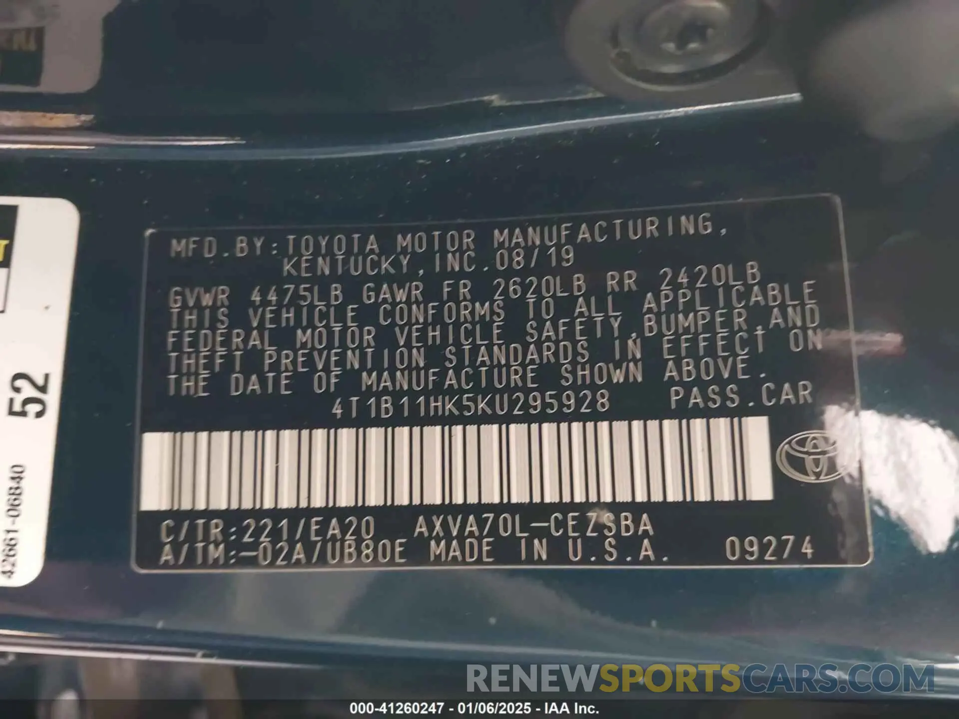 9 Photograph of a damaged car 4T1B11HK5KU295928 TOYOTA CAMRY 2019