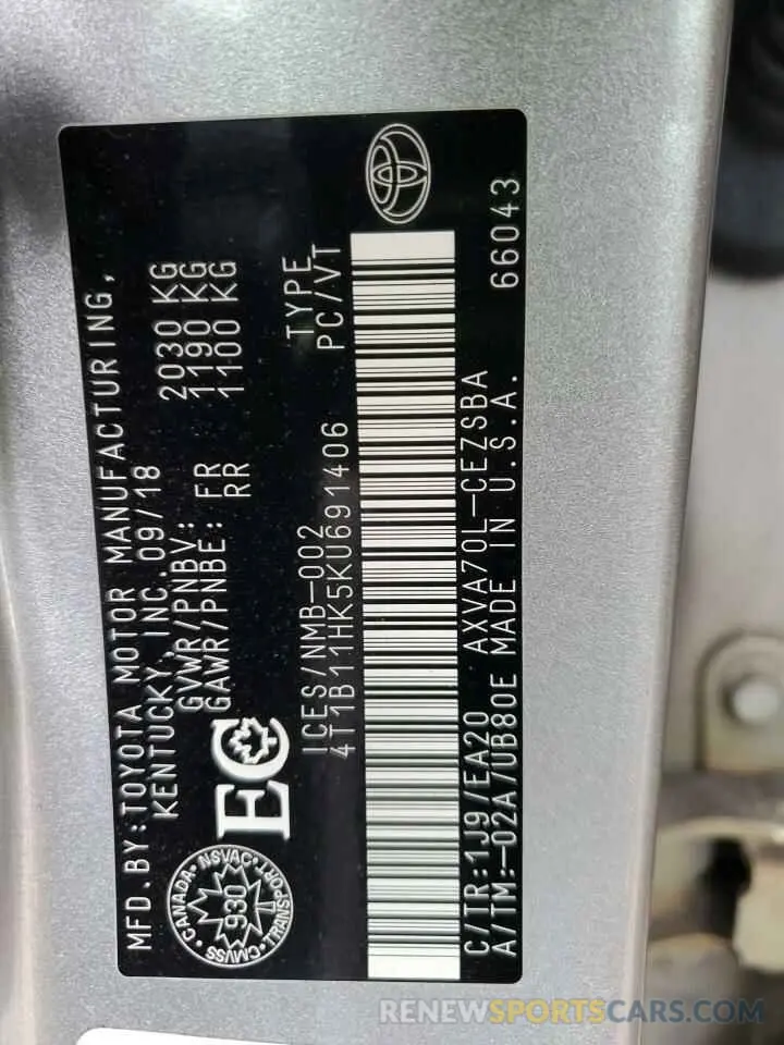 13 Photograph of a damaged car 4T1B11HK5KU691406 TOYOTA CAMRY 2019