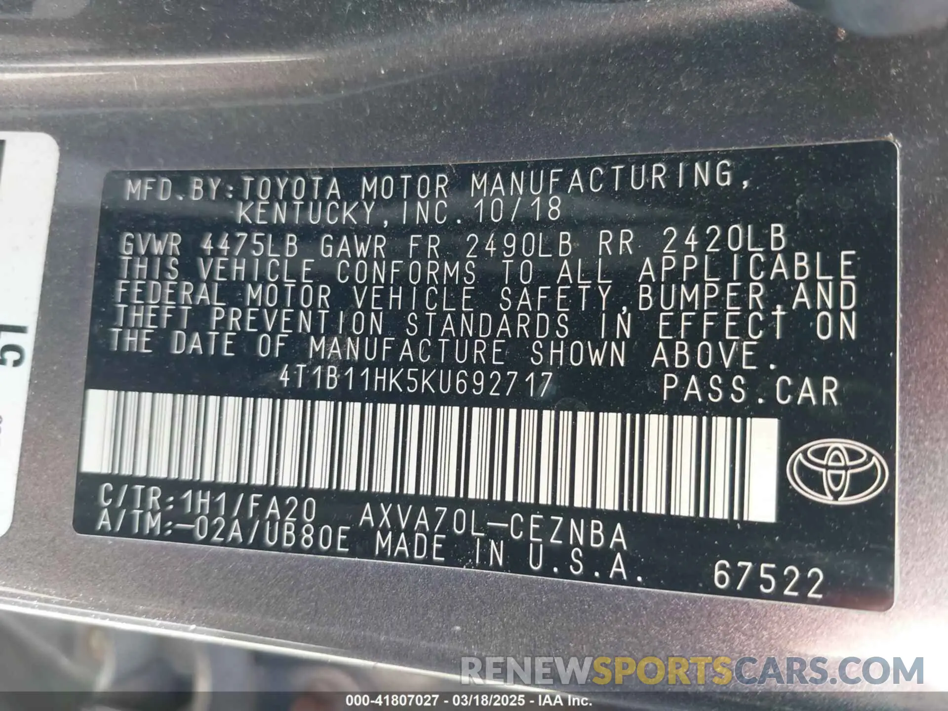 9 Photograph of a damaged car 4T1B11HK5KU692717 TOYOTA CAMRY 2019