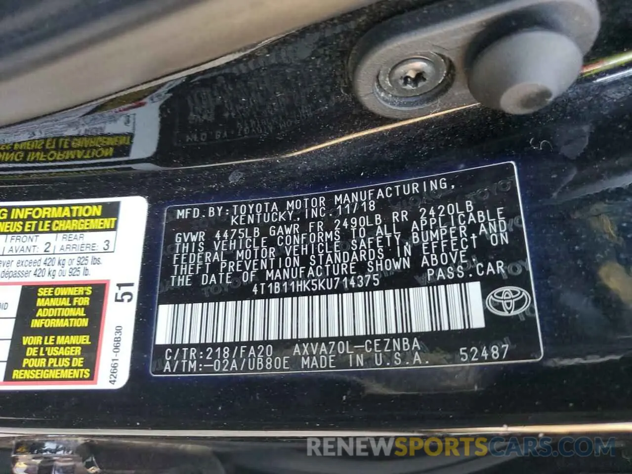 12 Photograph of a damaged car 4T1B11HK5KU714375 TOYOTA CAMRY 2019