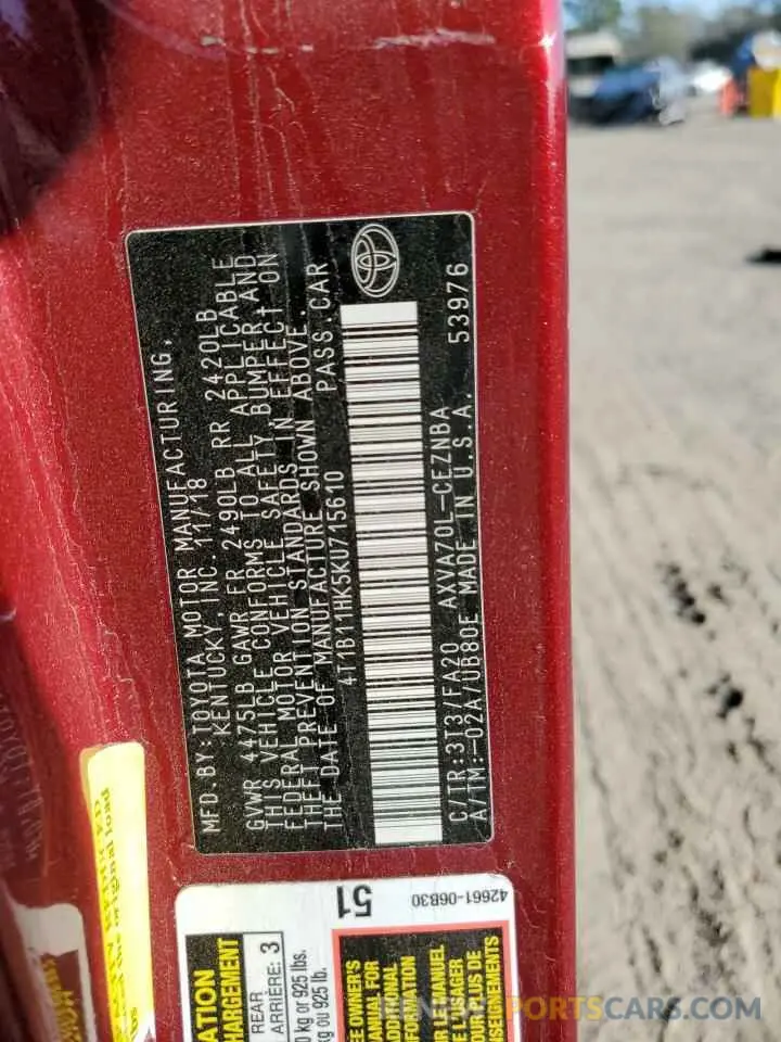 13 Photograph of a damaged car 4T1B11HK5KU715610 TOYOTA CAMRY 2019