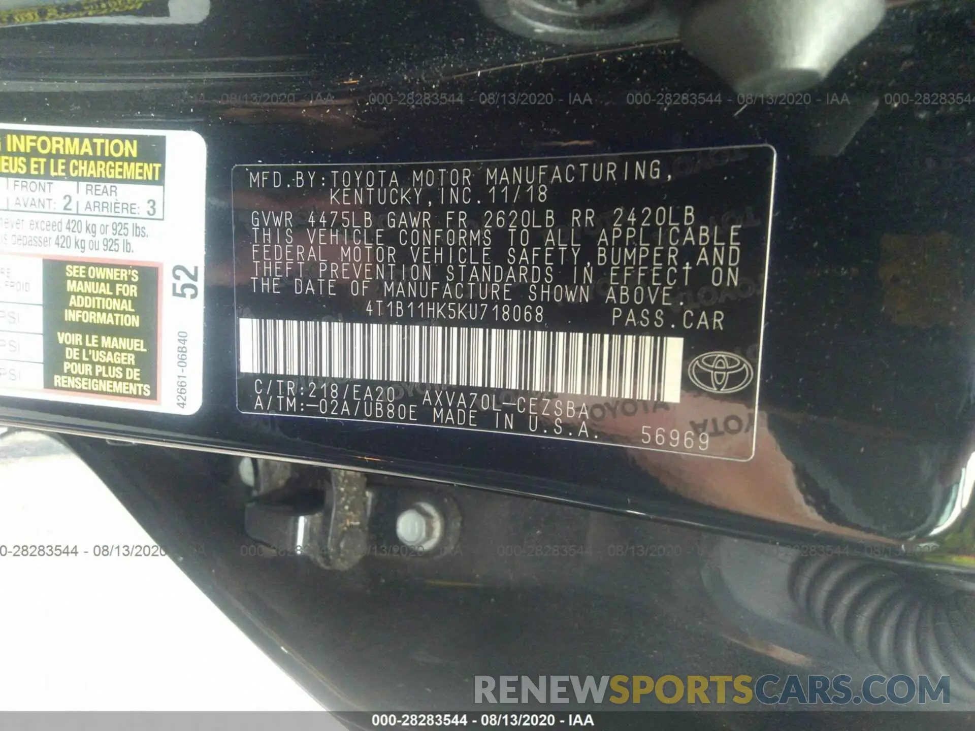 9 Photograph of a damaged car 4T1B11HK5KU718068 TOYOTA CAMRY 2019