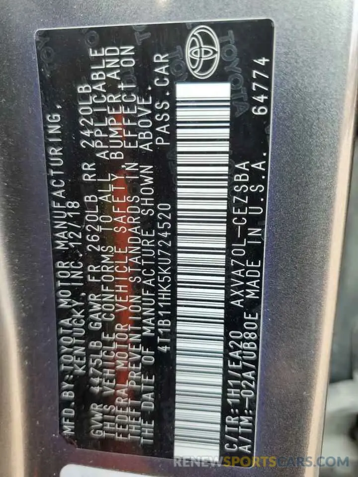 12 Photograph of a damaged car 4T1B11HK5KU724520 TOYOTA CAMRY 2019
