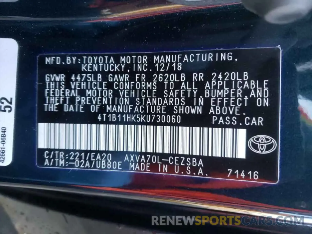 10 Photograph of a damaged car 4T1B11HK5KU730060 TOYOTA CAMRY 2019