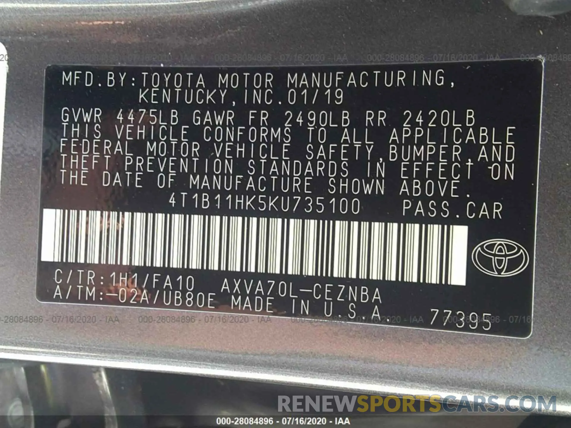 9 Photograph of a damaged car 4T1B11HK5KU735100 TOYOTA CAMRY 2019