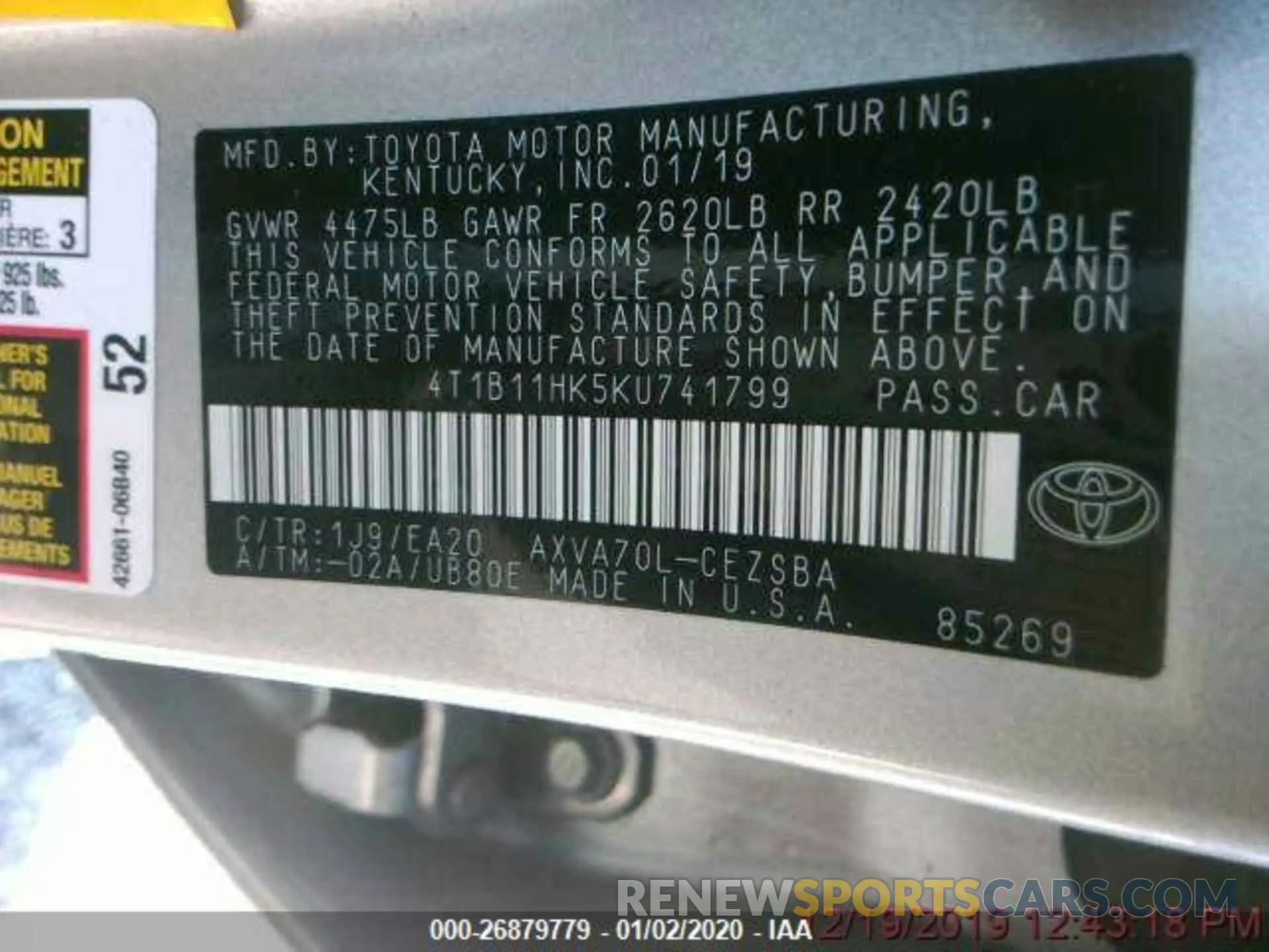 9 Photograph of a damaged car 4T1B11HK5KU741799 TOYOTA CAMRY 2019