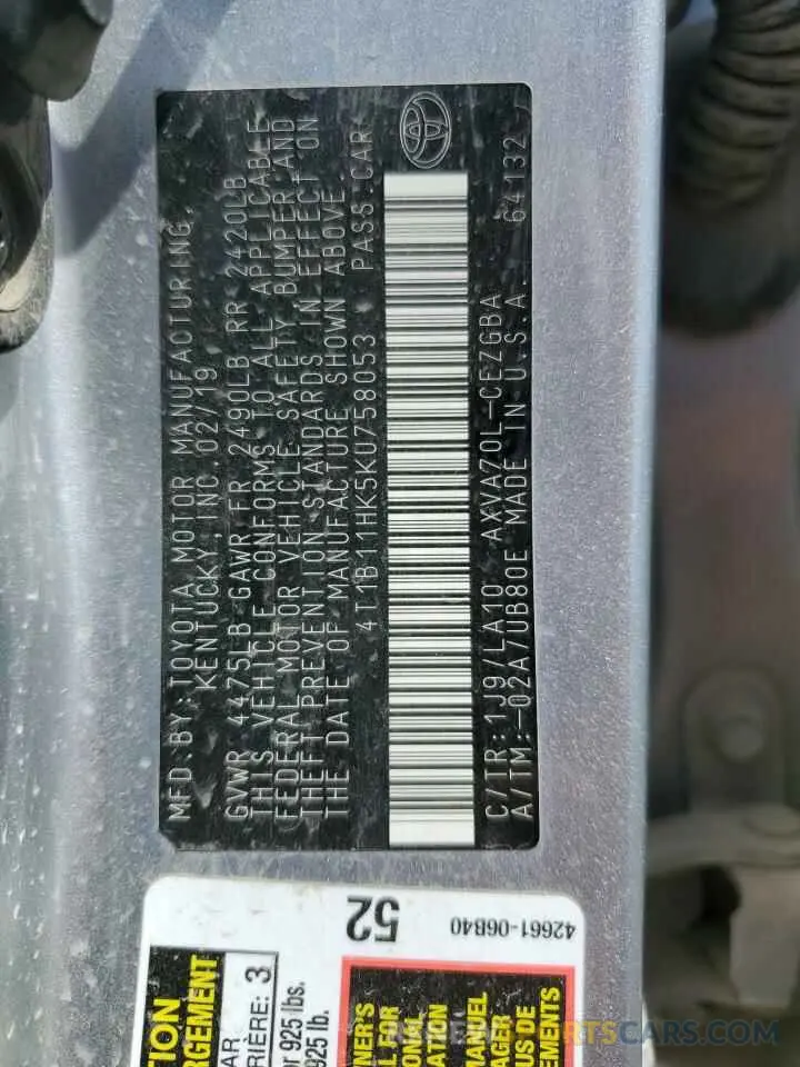 13 Photograph of a damaged car 4T1B11HK5KU758053 TOYOTA CAMRY 2019