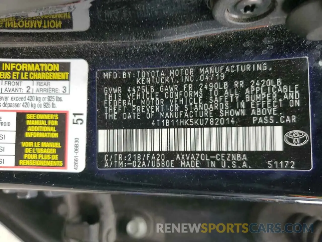 12 Photograph of a damaged car 4T1B11HK5KU782014 TOYOTA CAMRY 2019