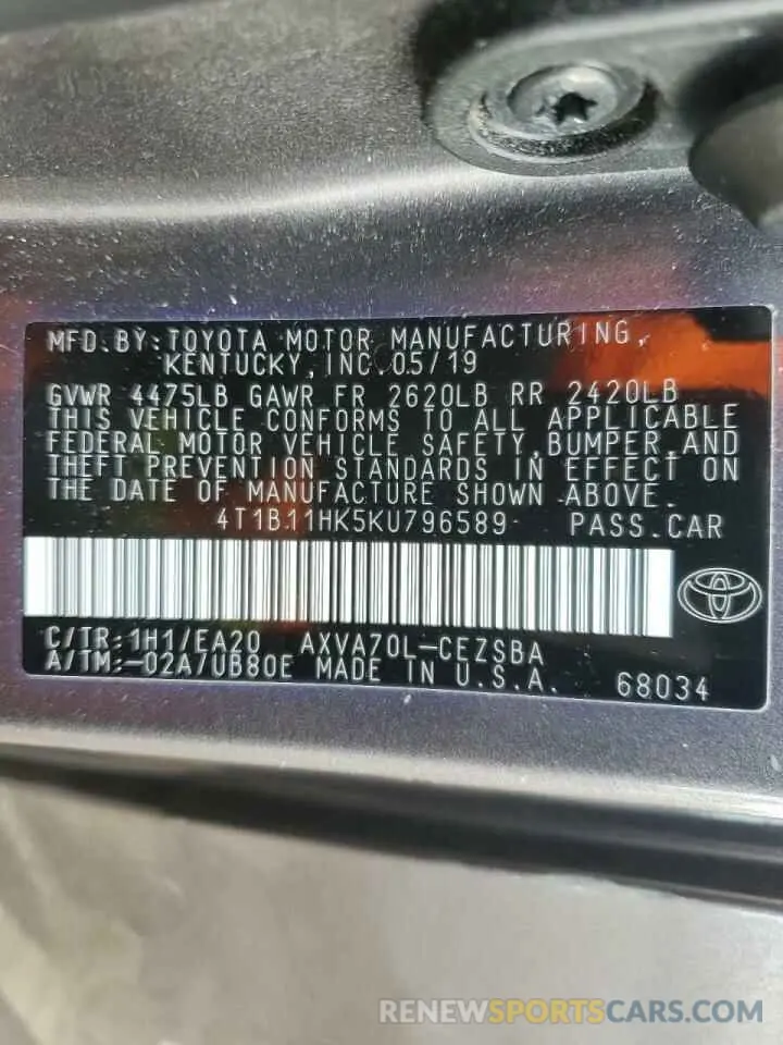 12 Photograph of a damaged car 4T1B11HK5KU796589 TOYOTA CAMRY 2019
