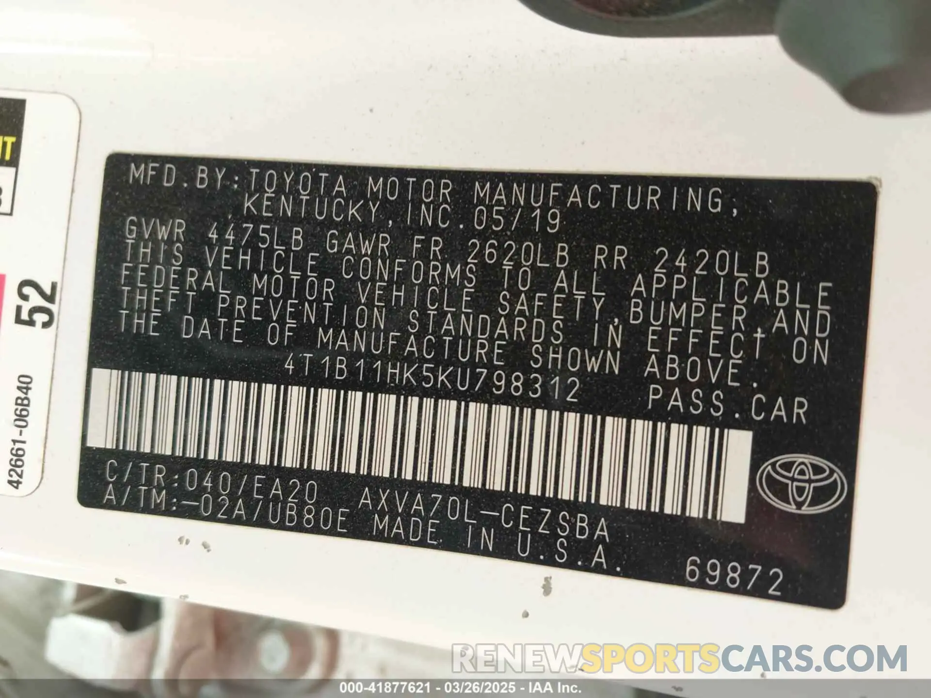 9 Photograph of a damaged car 4T1B11HK5KU798312 TOYOTA CAMRY 2019