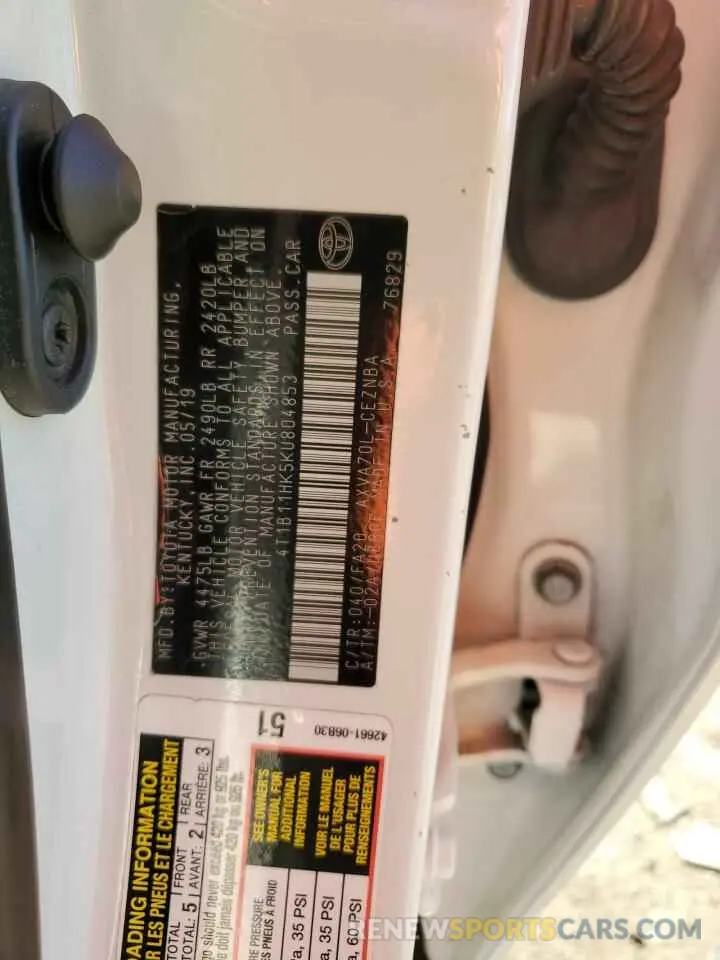 12 Photograph of a damaged car 4T1B11HK5KU804853 TOYOTA CAMRY 2019