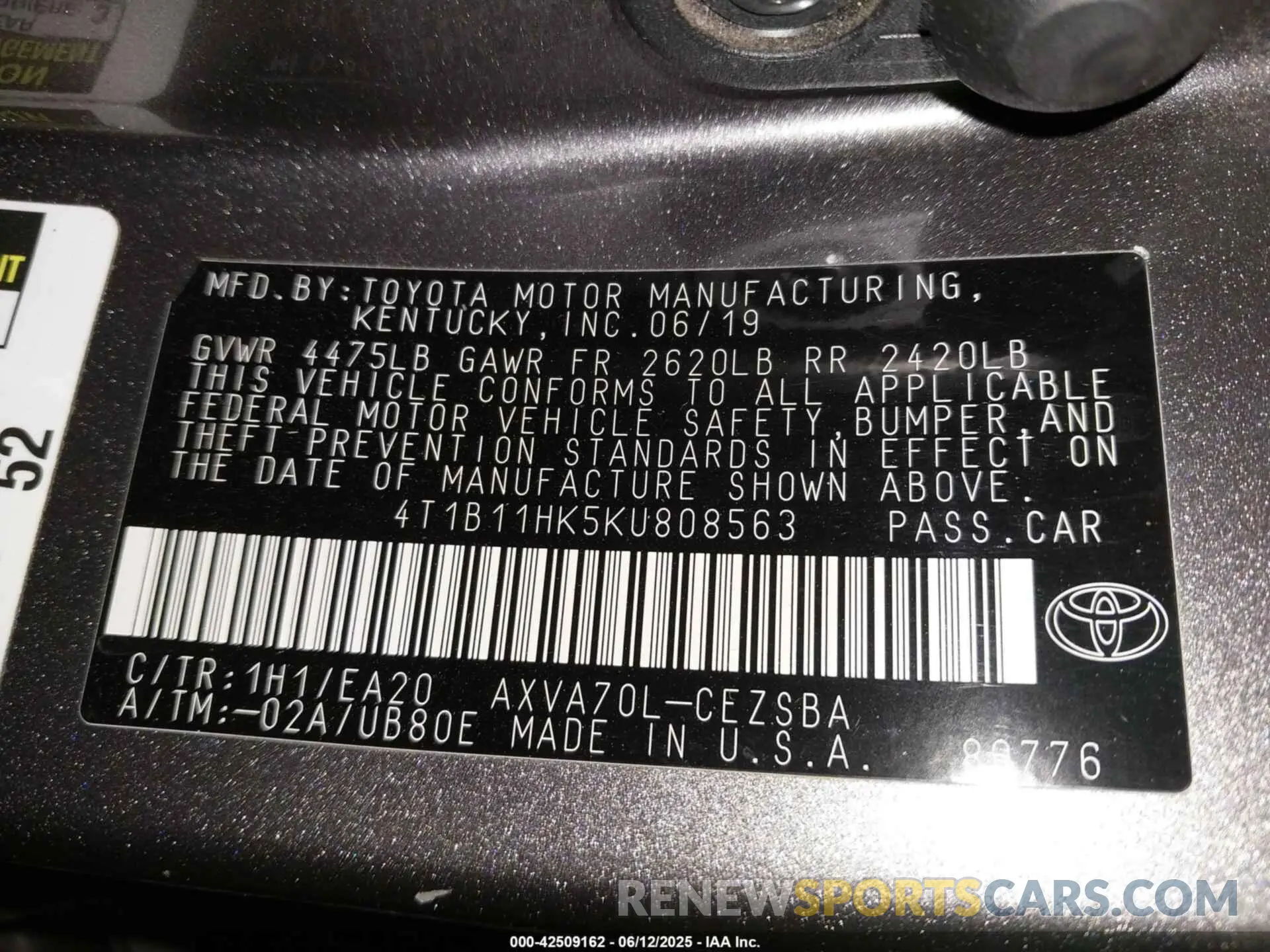 9 Photograph of a damaged car 4T1B11HK5KU808563 TOYOTA CAMRY 2019