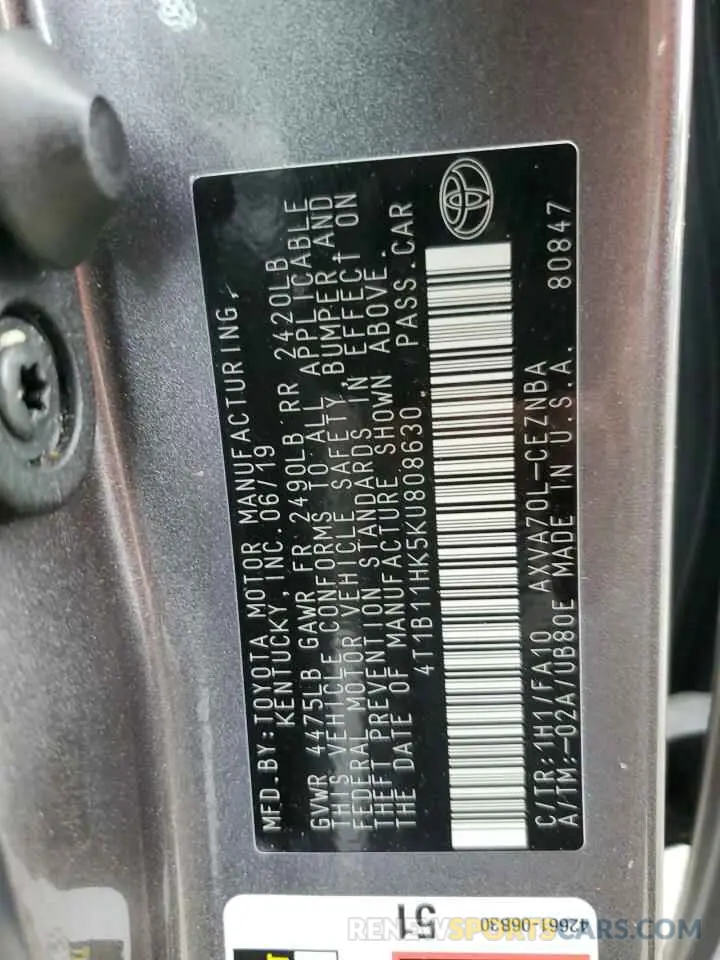 12 Photograph of a damaged car 4T1B11HK5KU808630 TOYOTA CAMRY 2019