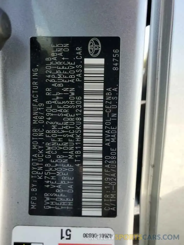 15 Photograph of a damaged car 4T1B11HK5KU812306 TOYOTA CAMRY 2019