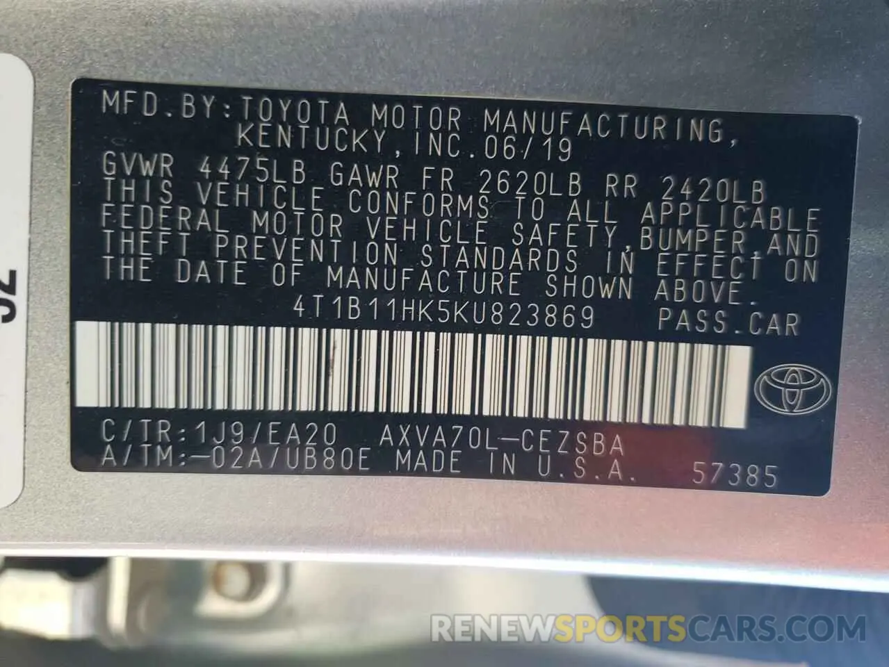 12 Photograph of a damaged car 4T1B11HK5KU823869 TOYOTA CAMRY 2019