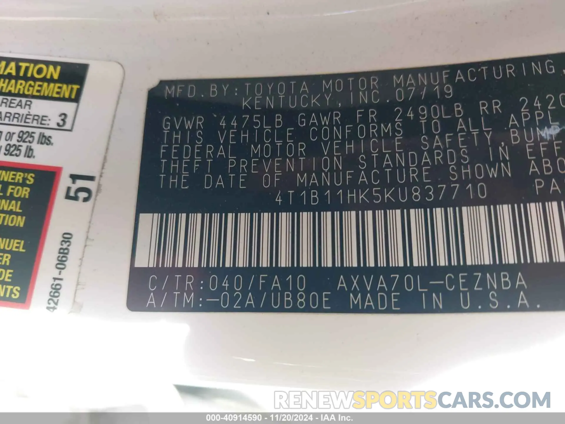 9 Photograph of a damaged car 4T1B11HK5KU837710 TOYOTA CAMRY 2019