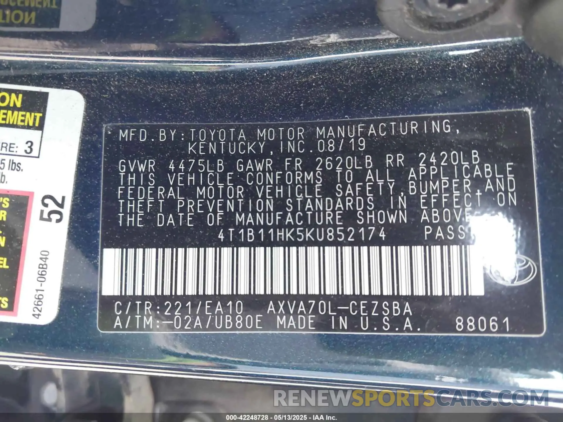 9 Photograph of a damaged car 4T1B11HK5KU852174 TOYOTA CAMRY 2019