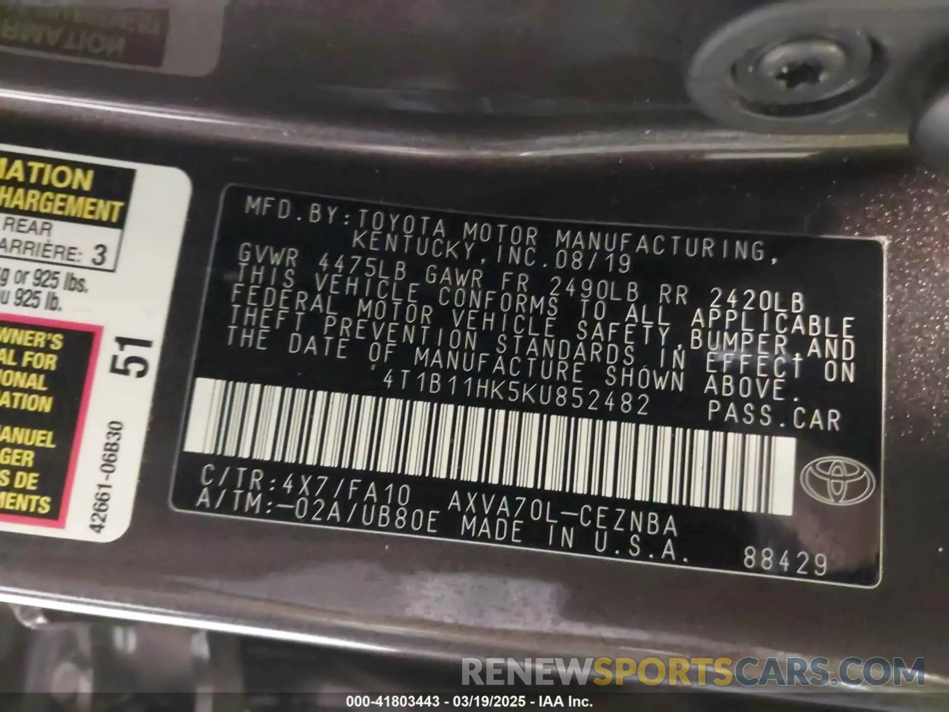 9 Photograph of a damaged car 4T1B11HK5KU852482 TOYOTA CAMRY 2019