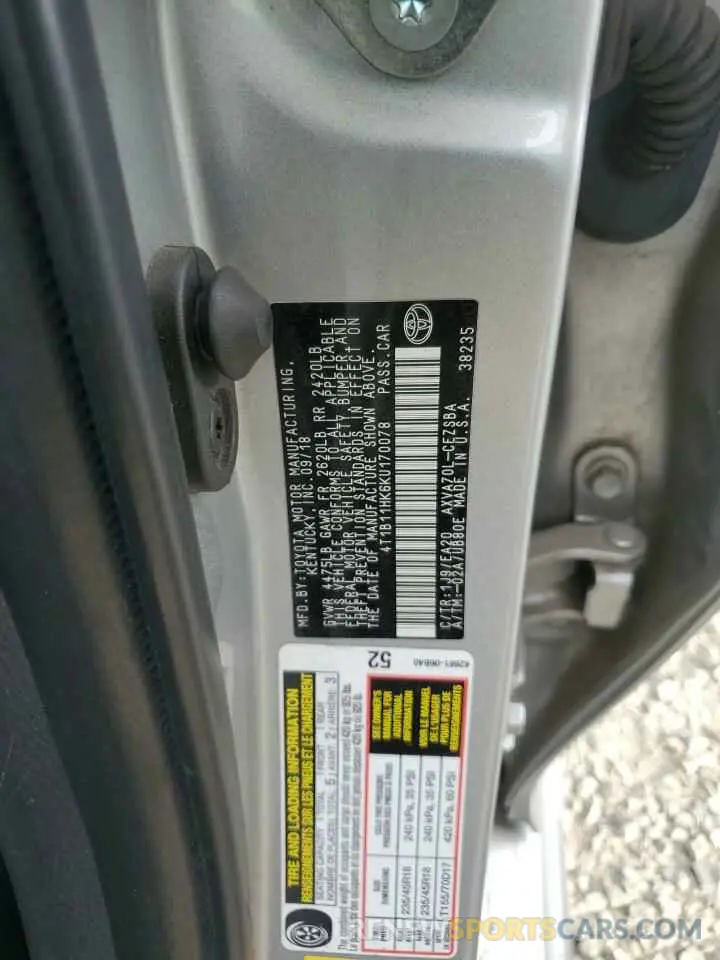 12 Photograph of a damaged car 4T1B11HK6KU170078 TOYOTA CAMRY 2019