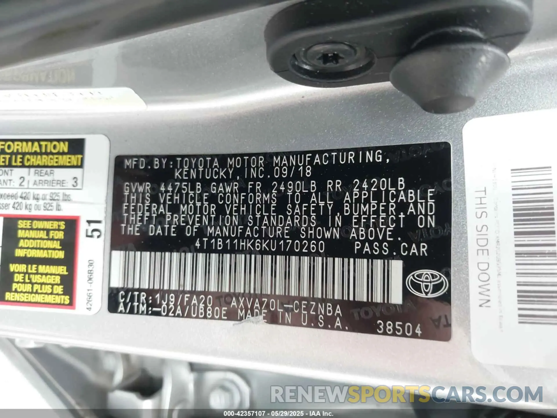 9 Photograph of a damaged car 4T1B11HK6KU170260 TOYOTA CAMRY 2019