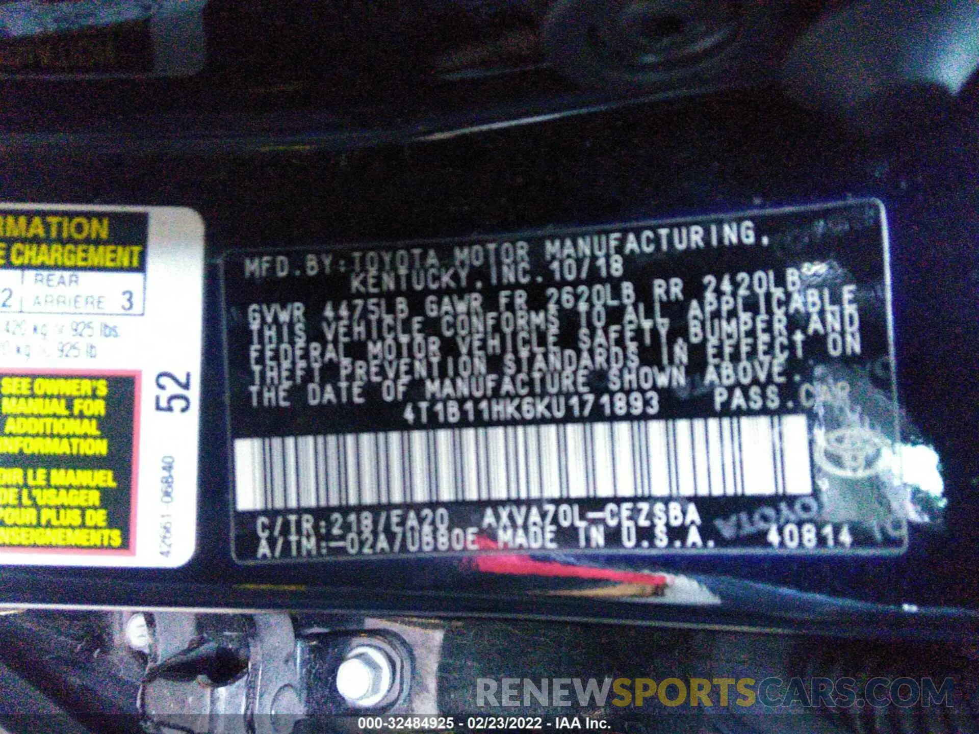 9 Photograph of a damaged car 4T1B11HK6KU171893 TOYOTA CAMRY 2019