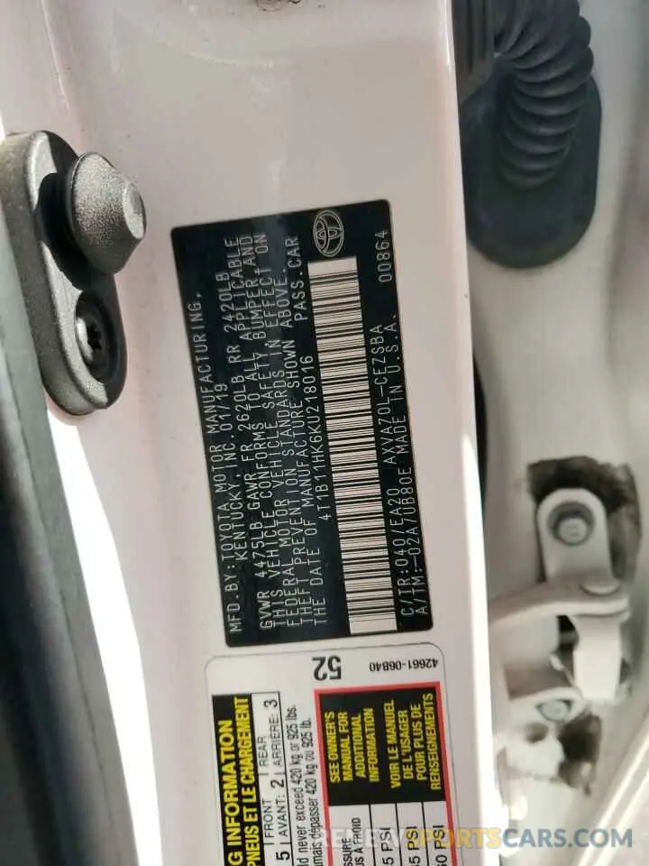 14 Photograph of a damaged car 4T1B11HK6KU218016 TOYOTA CAMRY 2019