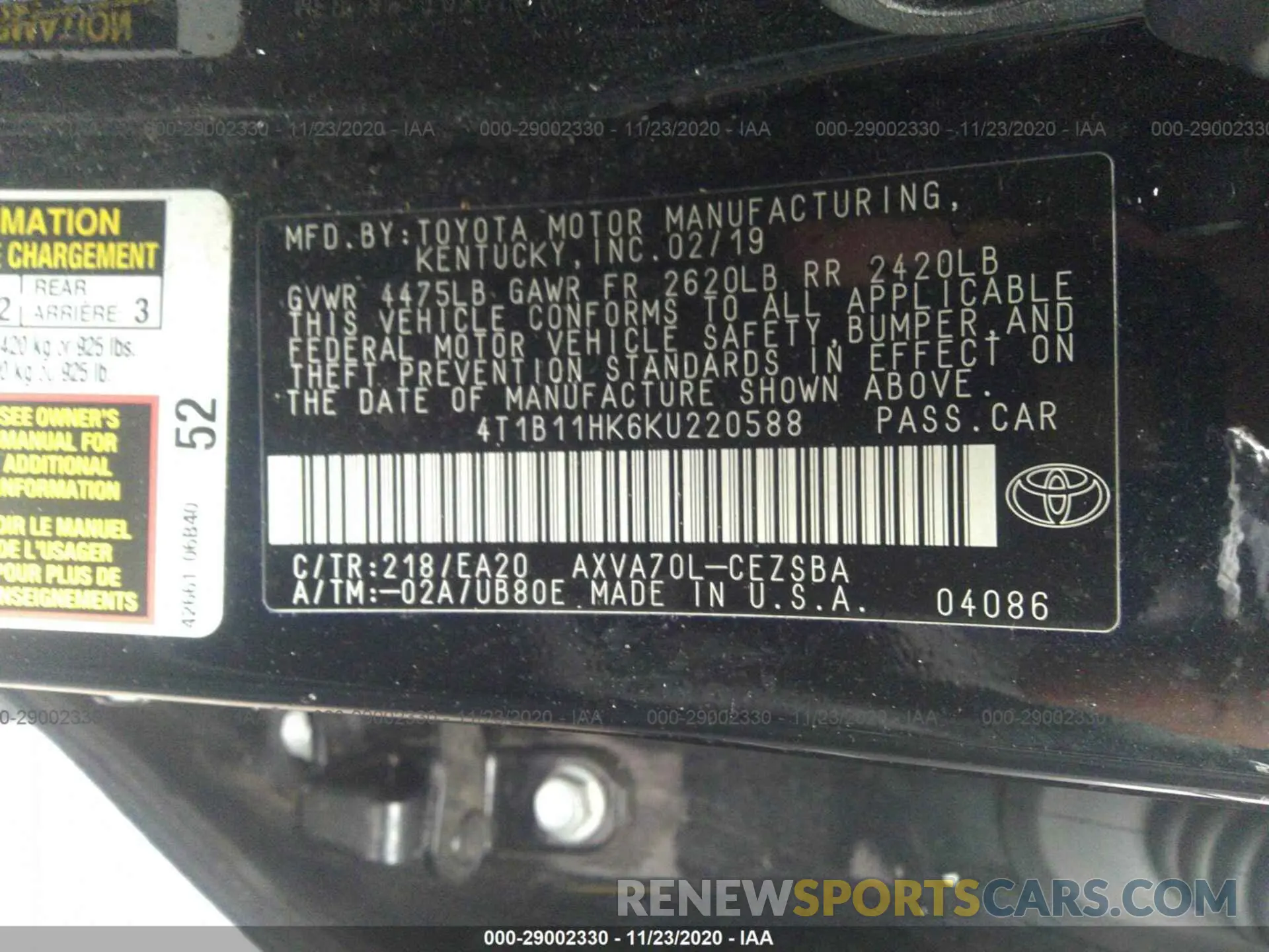 9 Photograph of a damaged car 4T1B11HK6KU220588 TOYOTA CAMRY 2019
