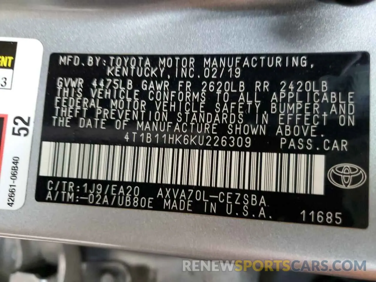 12 Photograph of a damaged car 4T1B11HK6KU226309 TOYOTA CAMRY 2019