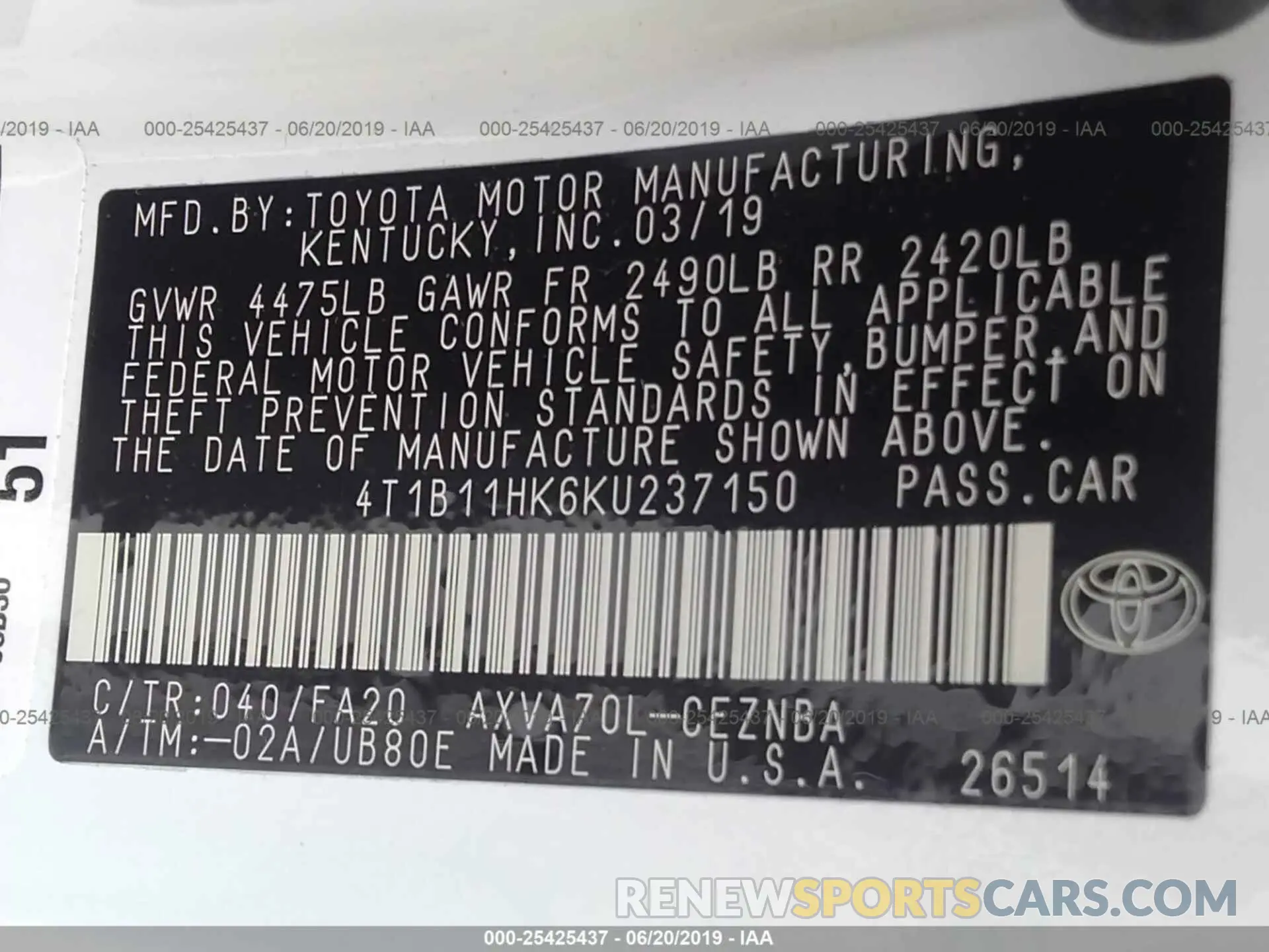9 Photograph of a damaged car 4T1B11HK6KU237150 TOYOTA CAMRY 2019