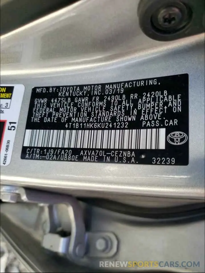 10 Photograph of a damaged car 4T1B11HK6KU241232 TOYOTA CAMRY 2019