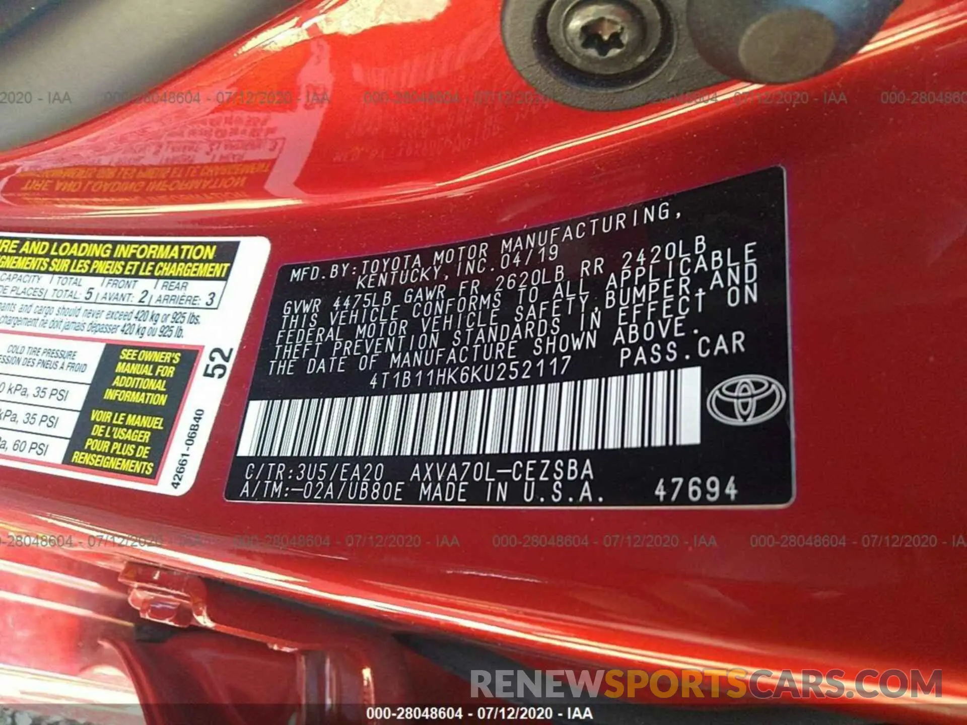 9 Photograph of a damaged car 4T1B11HK6KU252117 TOYOTA CAMRY 2019