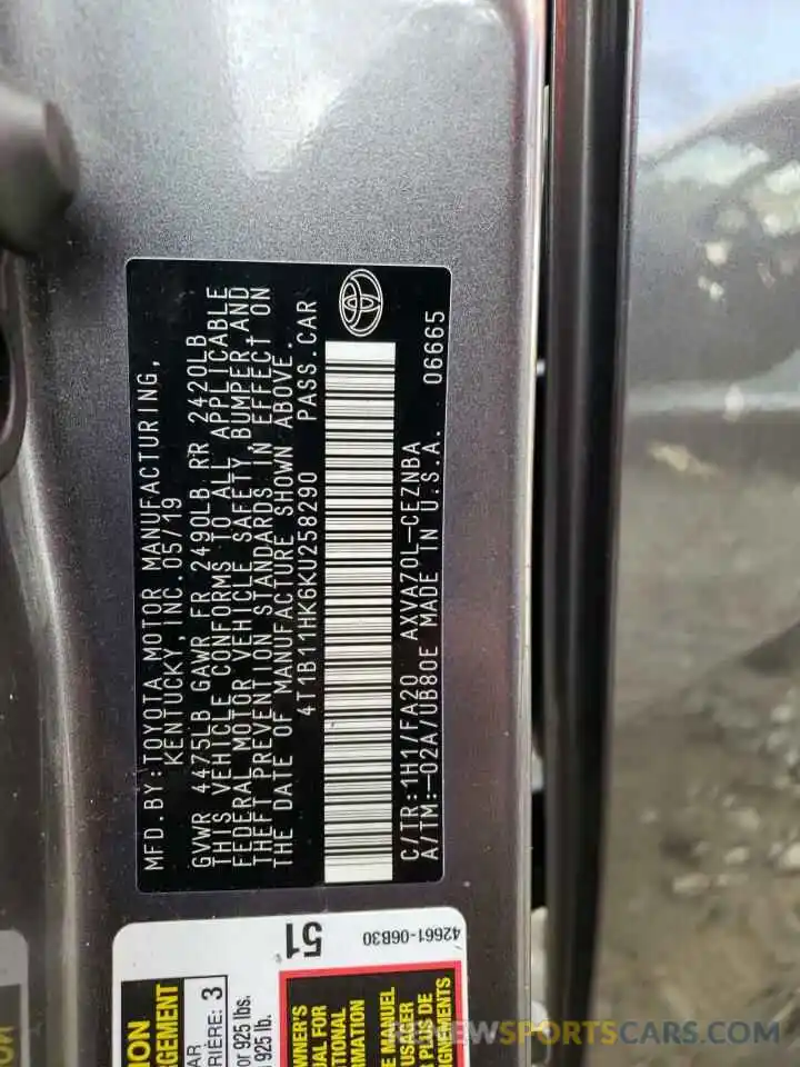 12 Photograph of a damaged car 4T1B11HK6KU258290 TOYOTA CAMRY 2019