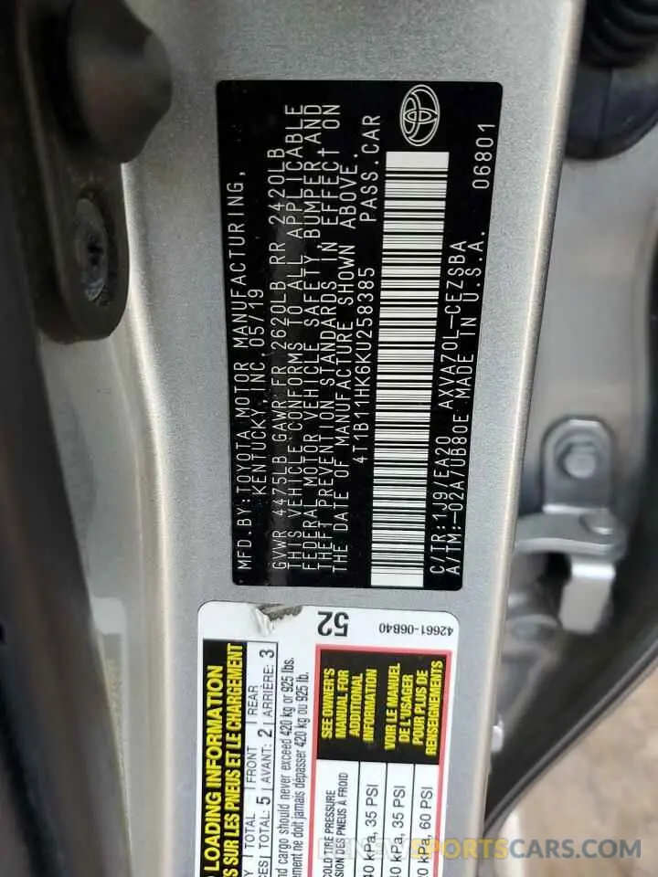 12 Photograph of a damaged car 4T1B11HK6KU258385 TOYOTA CAMRY 2019