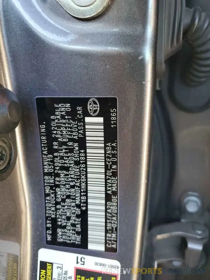 12 Photograph of a damaged car 4T1B11HK6KU261884 TOYOTA CAMRY 2019