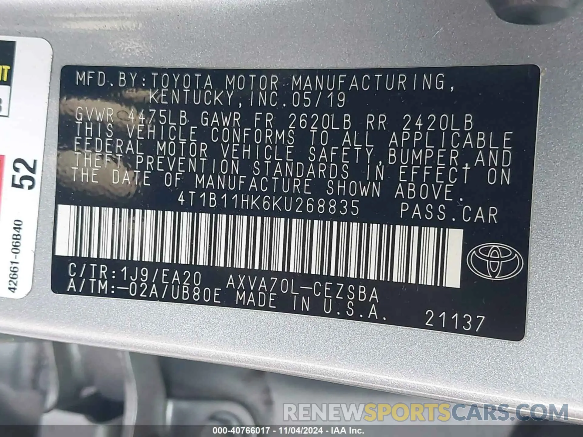 9 Photograph of a damaged car 4T1B11HK6KU268835 TOYOTA CAMRY 2019