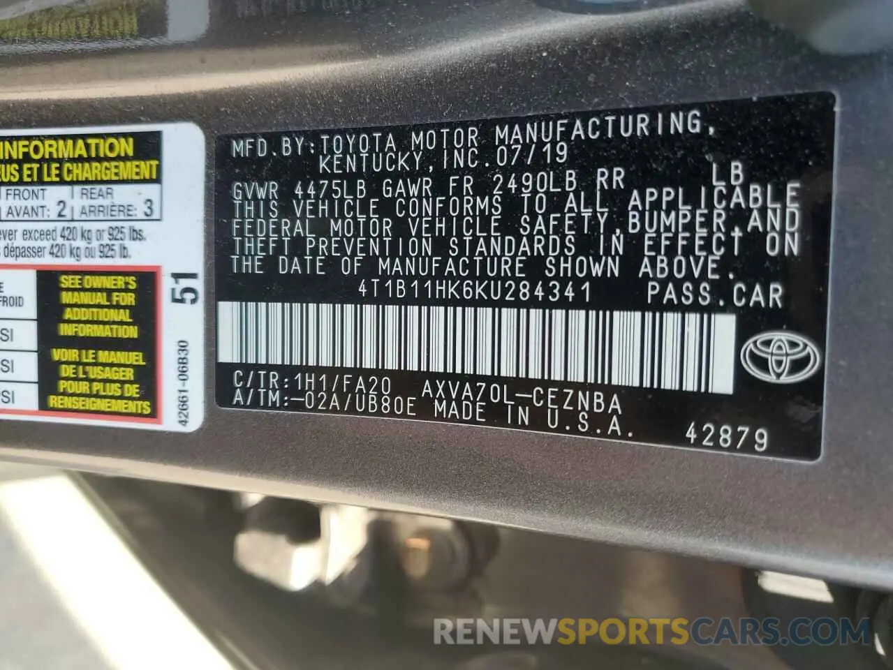 12 Photograph of a damaged car 4T1B11HK6KU284341 TOYOTA CAMRY 2019