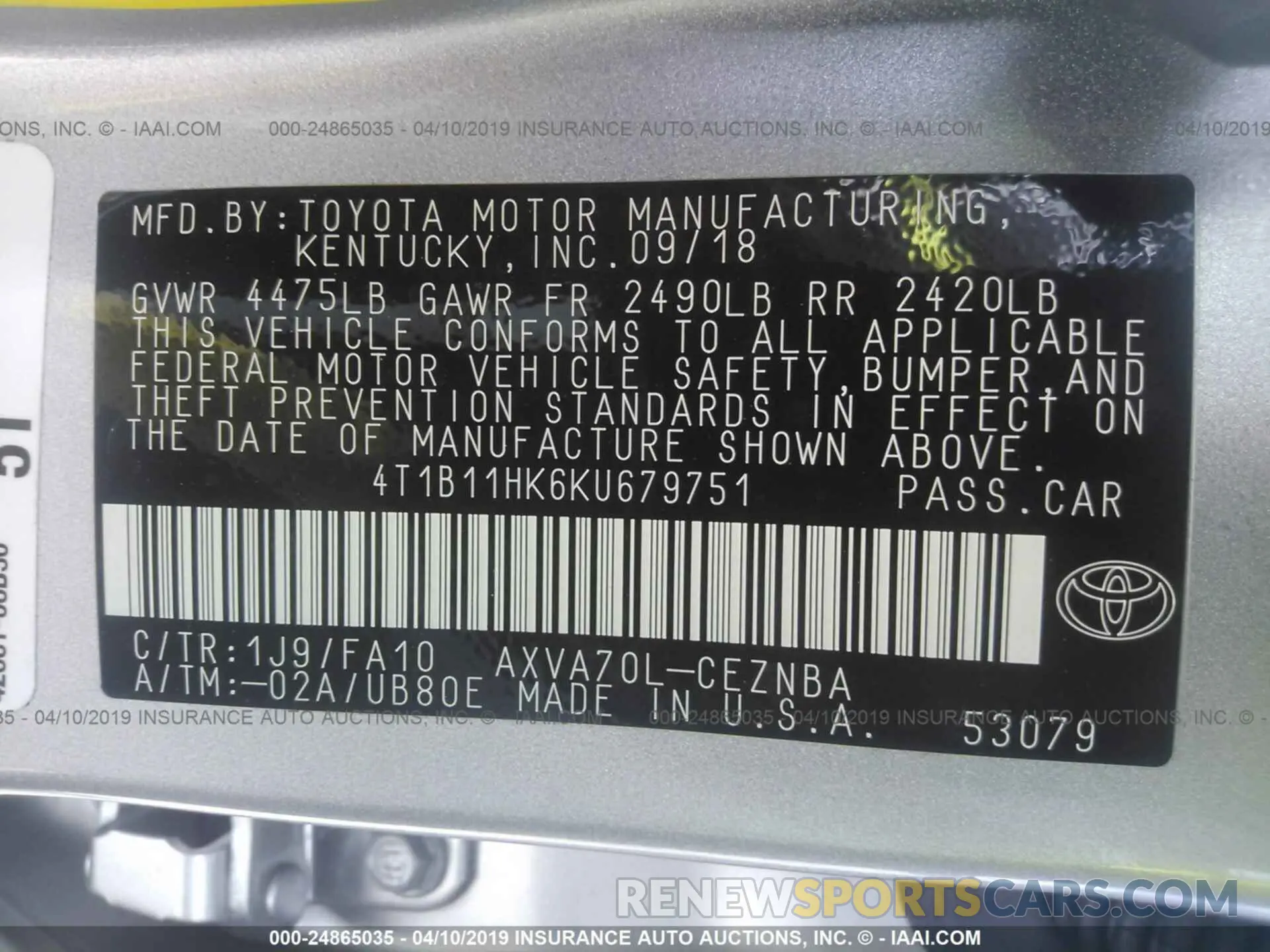 9 Photograph of a damaged car 4T1B11HK6KU679751 TOYOTA CAMRY 2019
