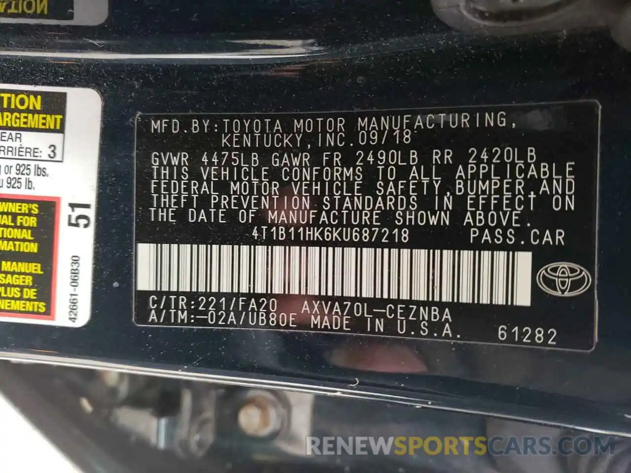 10 Photograph of a damaged car 4T1B11HK6KU687218 TOYOTA CAMRY 2019