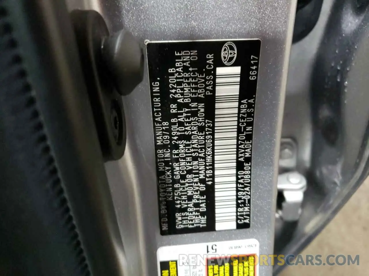 13 Photograph of a damaged car 4T1B11HK6KU691737 TOYOTA CAMRY 2019