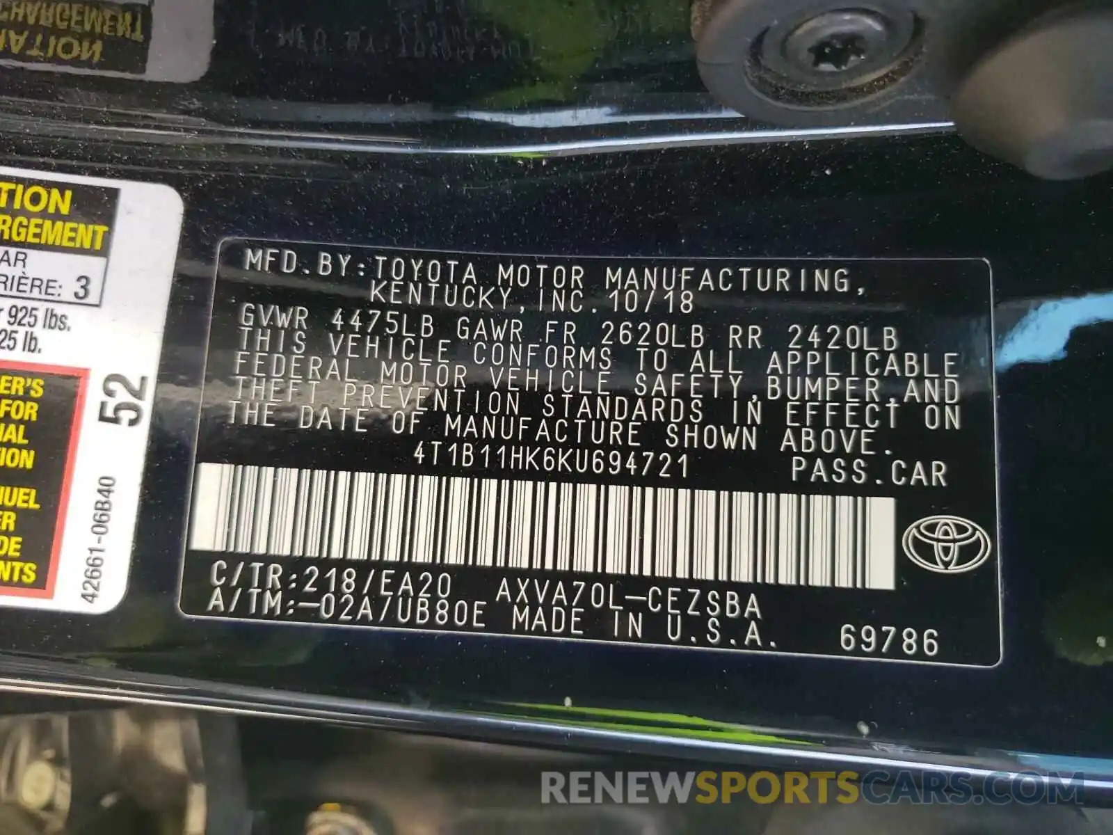 10 Photograph of a damaged car 4T1B11HK6KU694721 TOYOTA CAMRY 2019