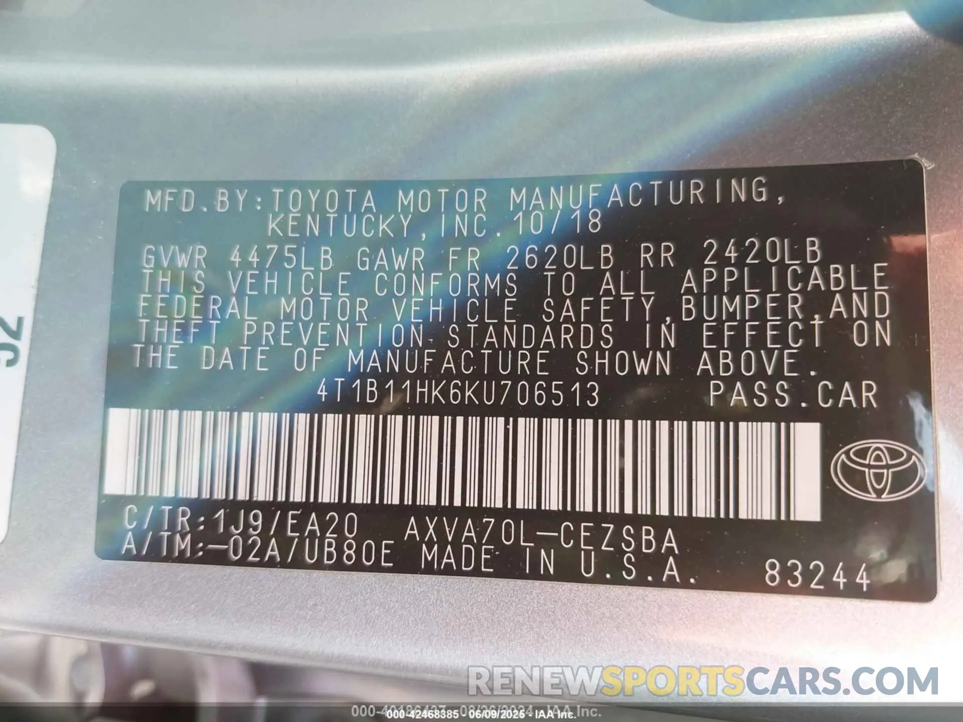 9 Photograph of a damaged car 4T1B11HK6KU706513 TOYOTA CAMRY 2019