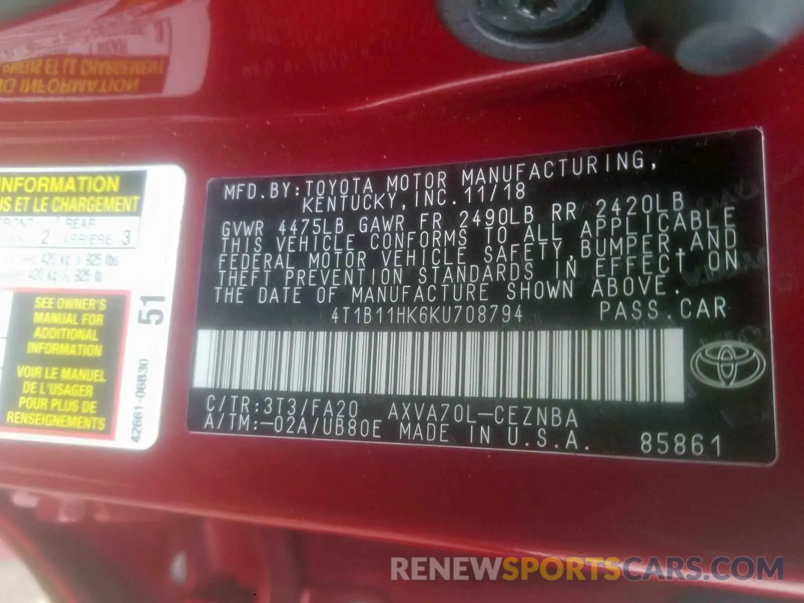10 Photograph of a damaged car 4T1B11HK6KU708794 TOYOTA CAMRY 2019