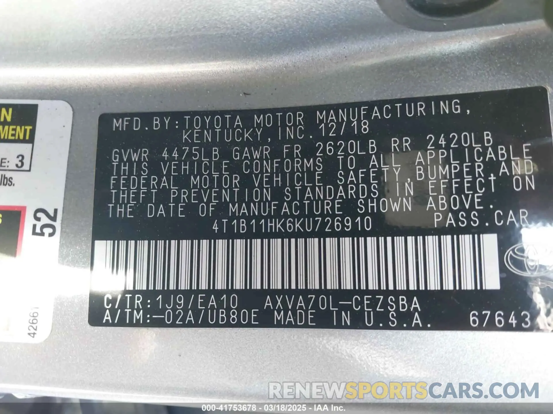 9 Photograph of a damaged car 4T1B11HK6KU726910 TOYOTA CAMRY 2019