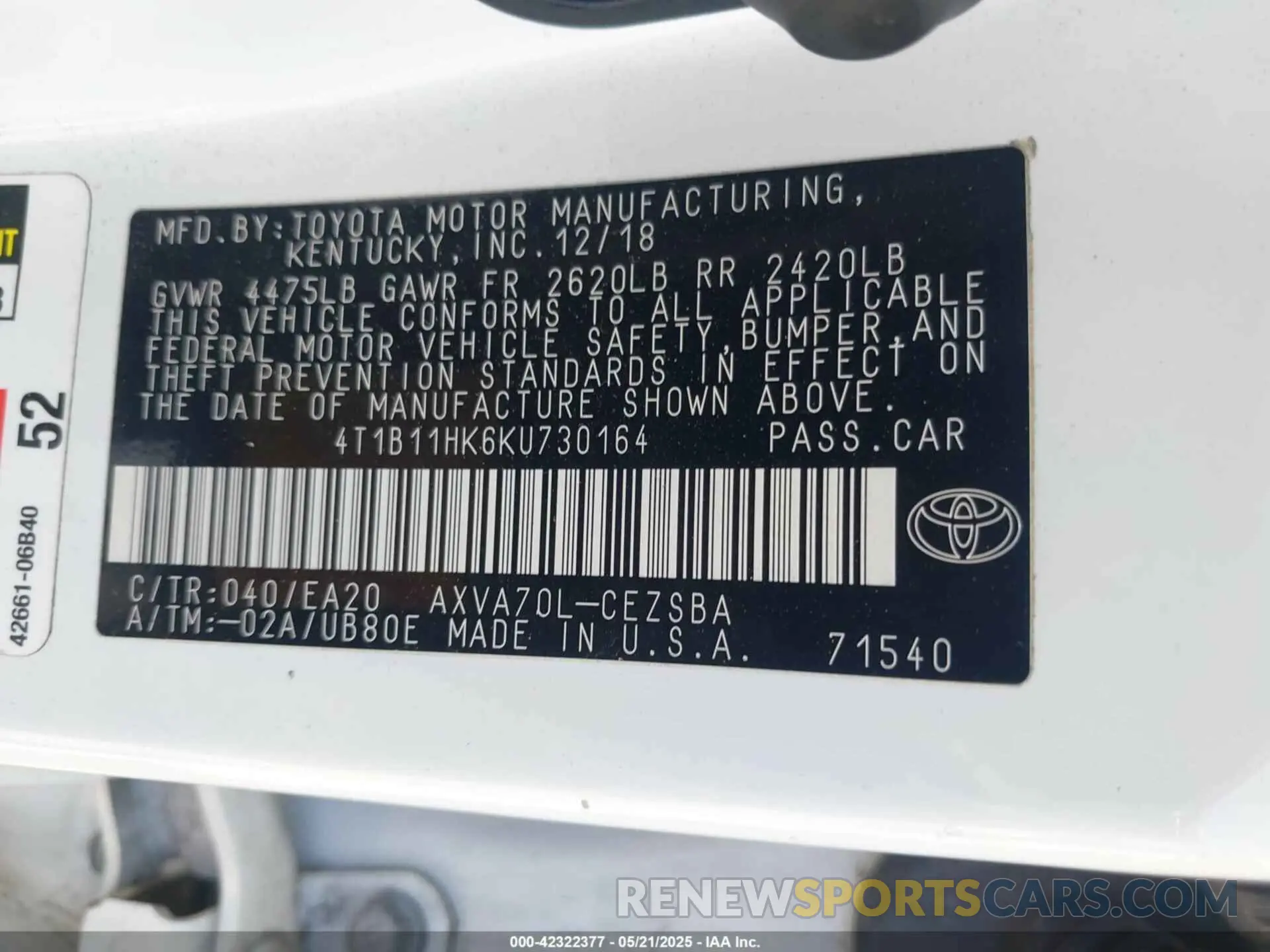 9 Photograph of a damaged car 4T1B11HK6KU730164 TOYOTA CAMRY 2019