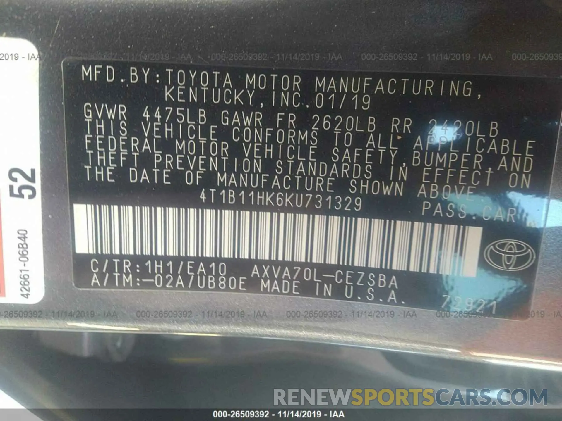 9 Photograph of a damaged car 4T1B11HK6KU731329 TOYOTA CAMRY 2019