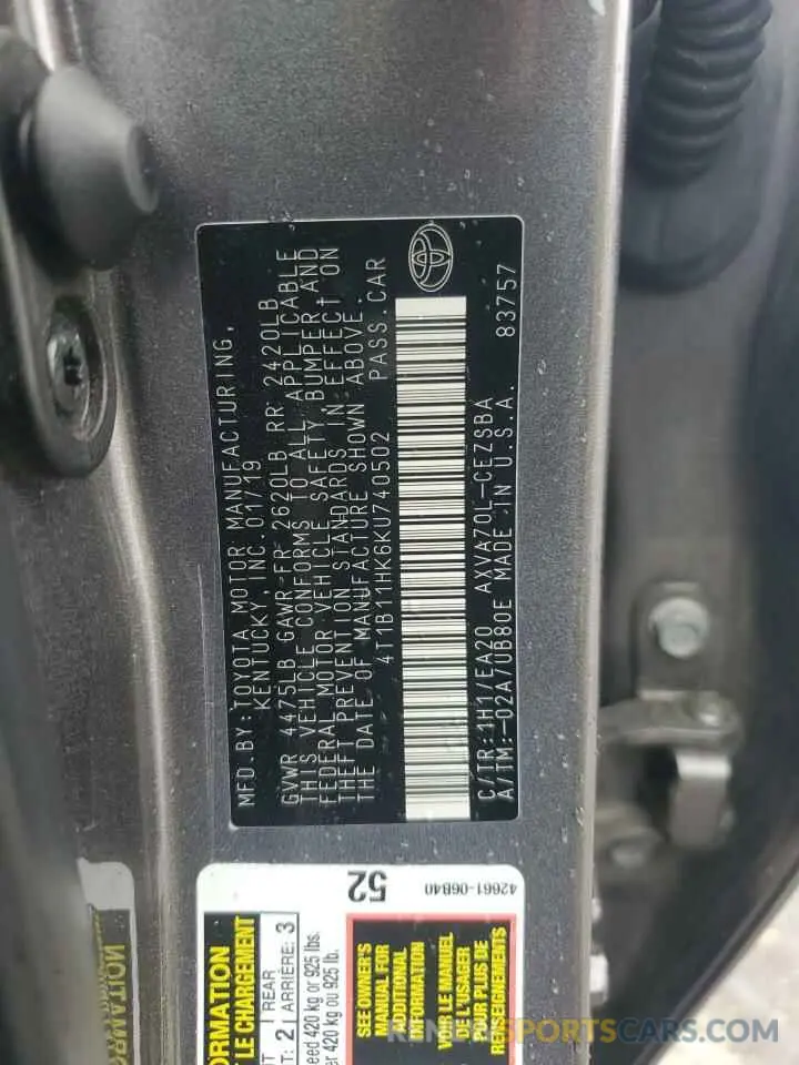 12 Photograph of a damaged car 4T1B11HK6KU740502 TOYOTA CAMRY 2019