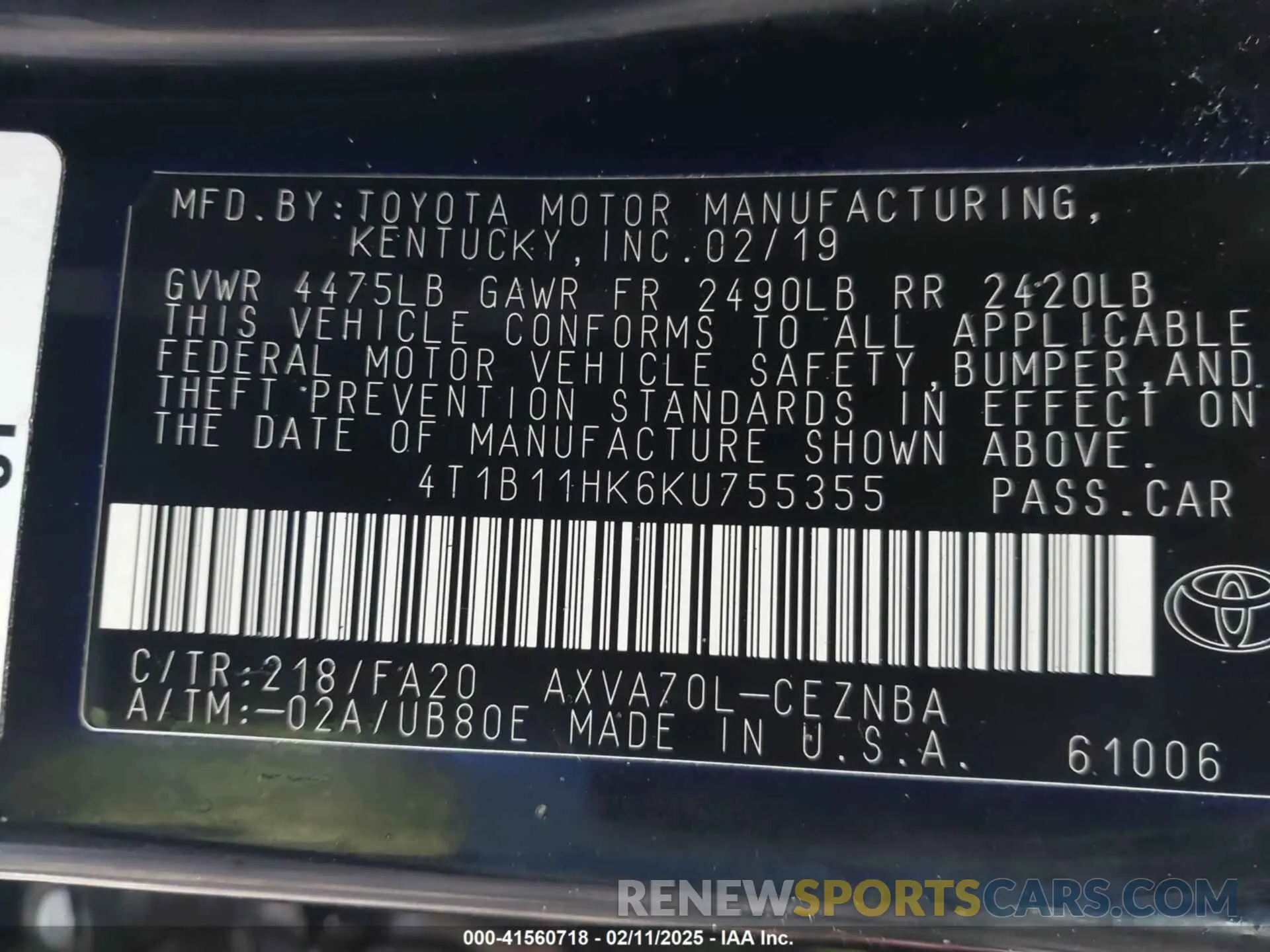 9 Photograph of a damaged car 4T1B11HK6KU755355 TOYOTA CAMRY 2019
