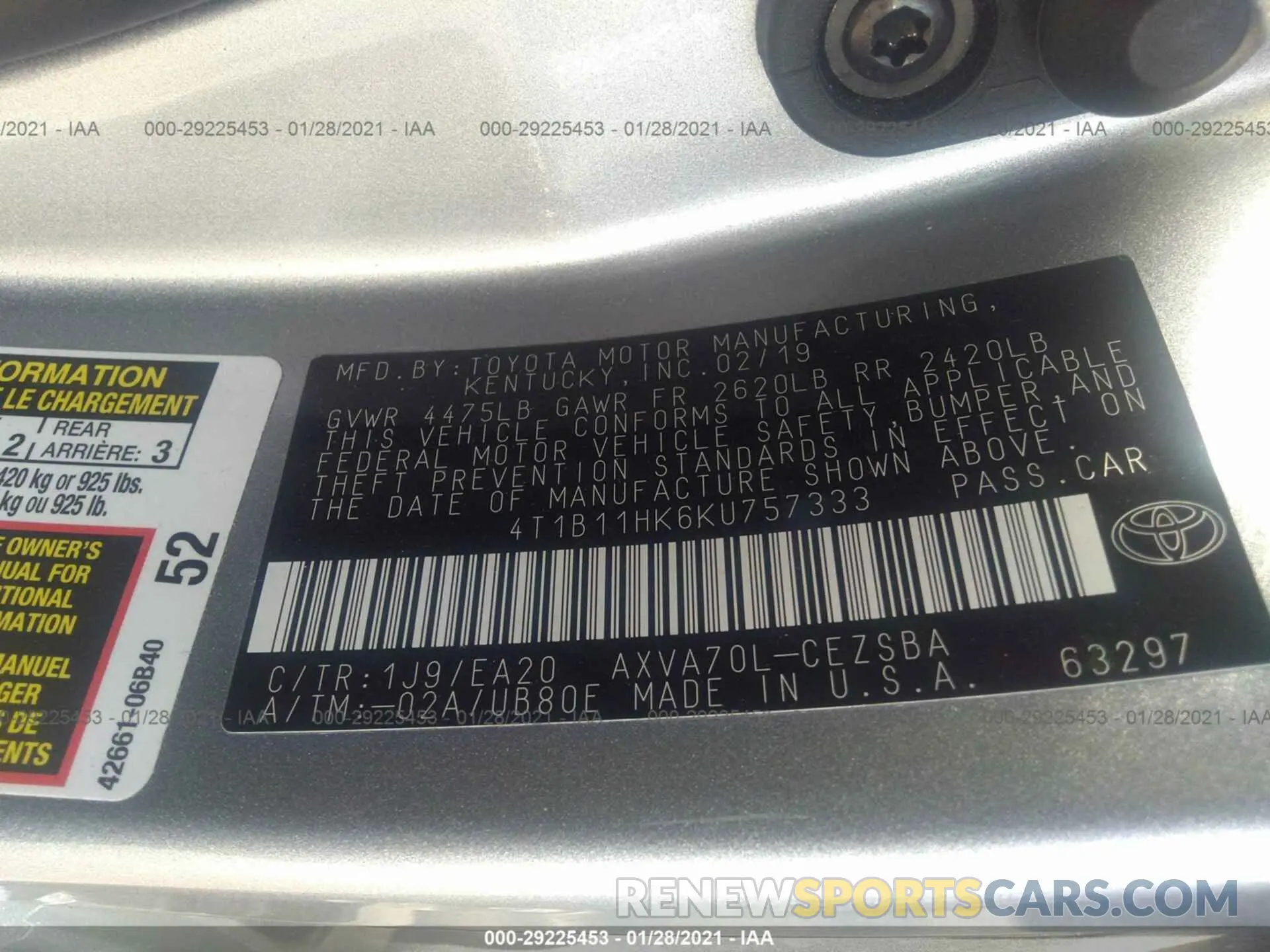 9 Photograph of a damaged car 4T1B11HK6KU757333 TOYOTA CAMRY 2019