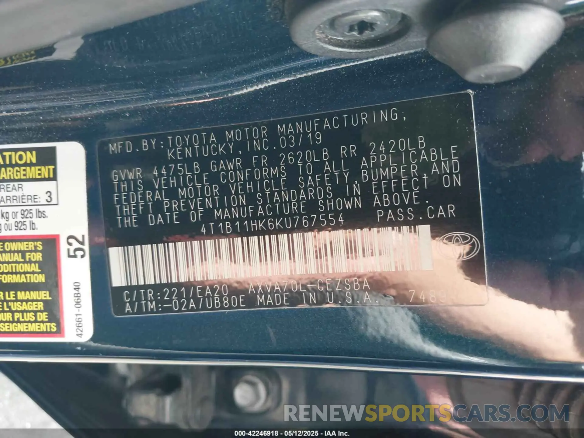 9 Photograph of a damaged car 4T1B11HK6KU767554 TOYOTA CAMRY 2019