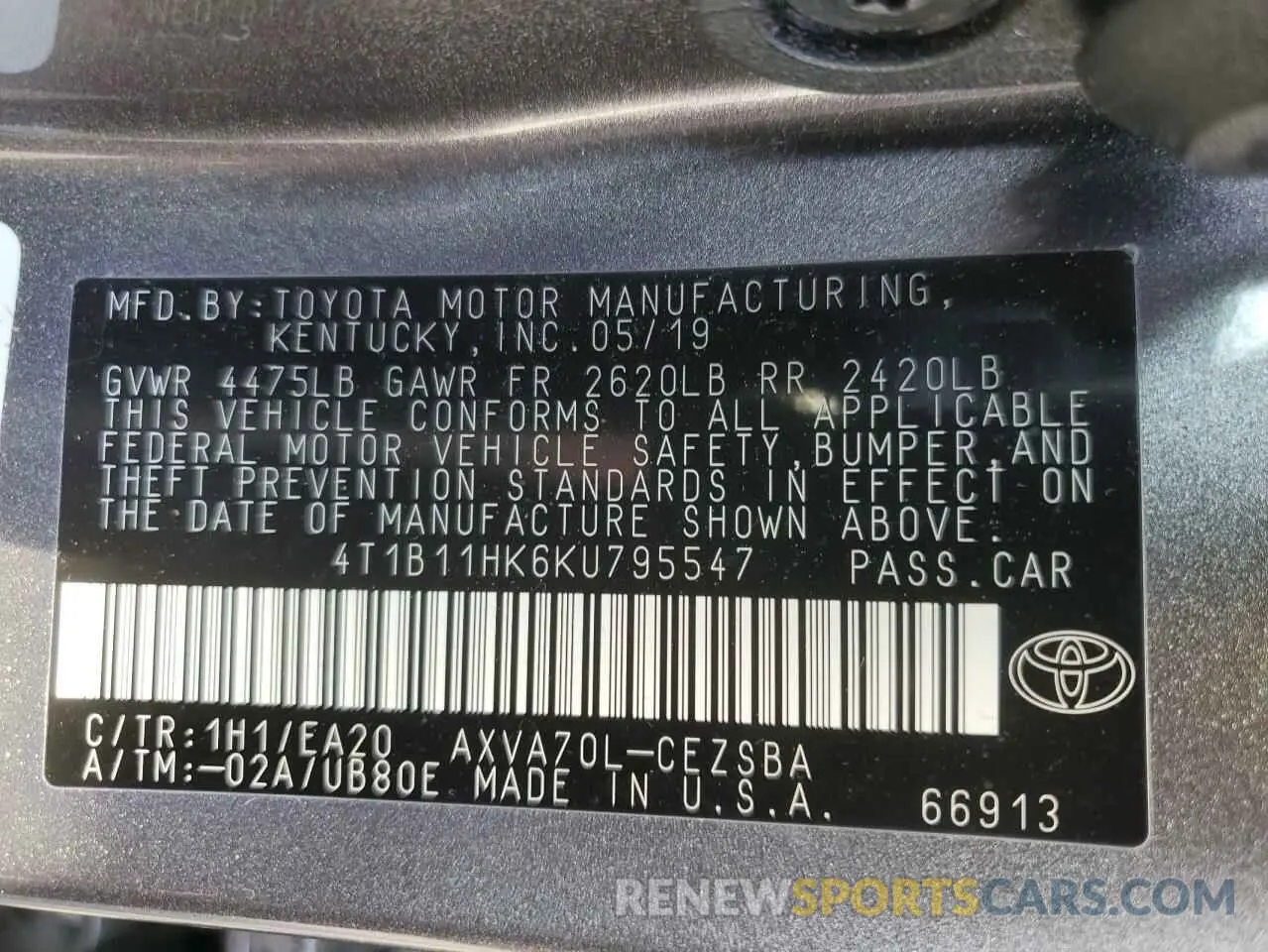 12 Photograph of a damaged car 4T1B11HK6KU795547 TOYOTA CAMRY 2019